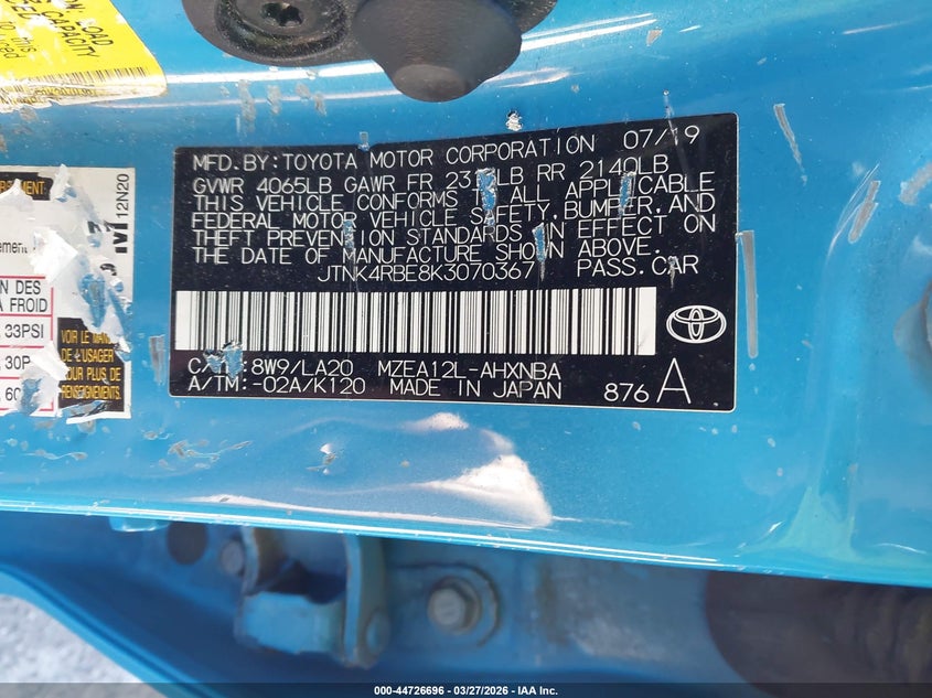 2019 Toyota Corolla VIN JTNK4RBE8K3070367 IAAI salvage auction — LEFT SIDE, Clear (Indiana), sold $5,475 on 2026-07-07 (photo 9)
