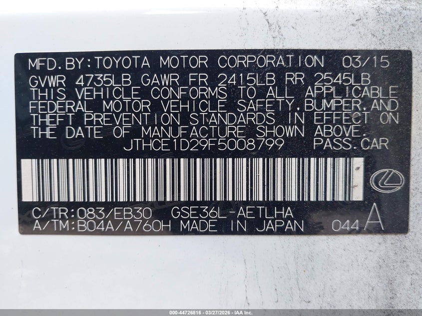 2015 Lexus Is VIN JTHCE1D29F5008799 IAAI salvage auction — FRONT END, Wait Title, sold $525 on 2026-07-15 (photo 9)