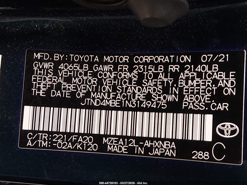 2022 Toyota Corolla VIN JTND4MBE1N3149475 IAAI salvage auction — REAR END, Wait Title, sold $4,300 on 2026-07-29 (photo 9)