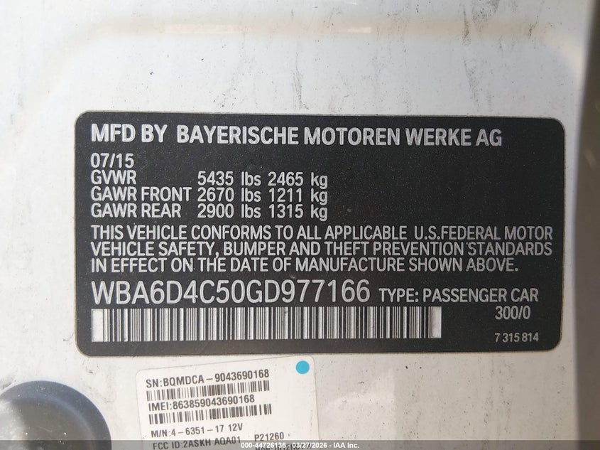 2016 BMW 6er VIN WBA6D4C50GD977166 IAAI salvage auction — LEFT FRONT, Wait Title, sold $1,150 on 2026-08-06 (photo 9)