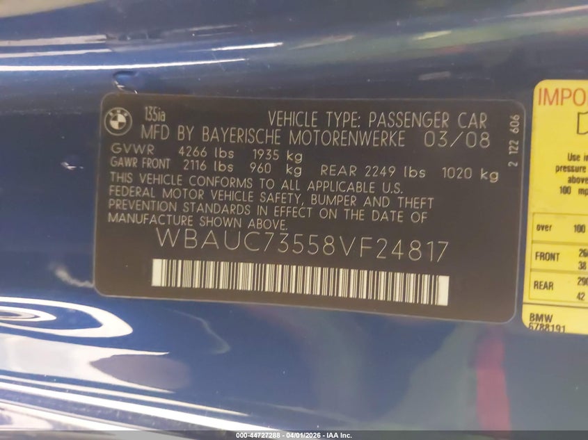 2008 BMW 1er VIN WBAUC73558VF24817 IAAI salvage auction — FRONT END, Salvage (Utah), sold $700 on 2026-07-12 (photo 9)