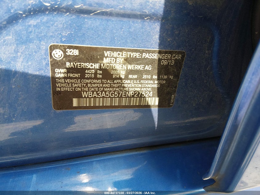 2014 BMW 3er VIN WBA3A5G57ENP27524 IAAI salvage auction — FRONT END, Wait Title, sold $875 on 2026-07-16 (photo 9)