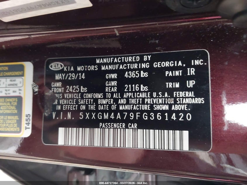 2015 Kia Optima VIN 5XXGM4A79FG361420 IAAI salvage auction — FRONT END, Salvage - Greater Than 75% (Maryland), sold $700 on 2026-07-28 (photo 9)