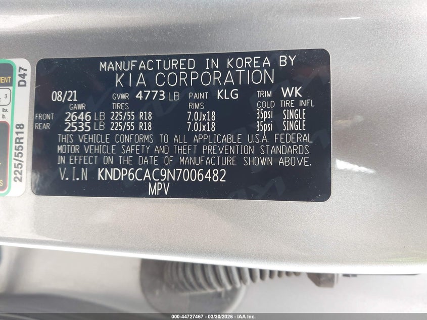 2022 Kia Sportage VIN KNDP6CAC9N7006482 IAAI salvage auction — INTERIOR BURN, Wait Title, sold $2,500 on 2026-07-15 (photo 9)