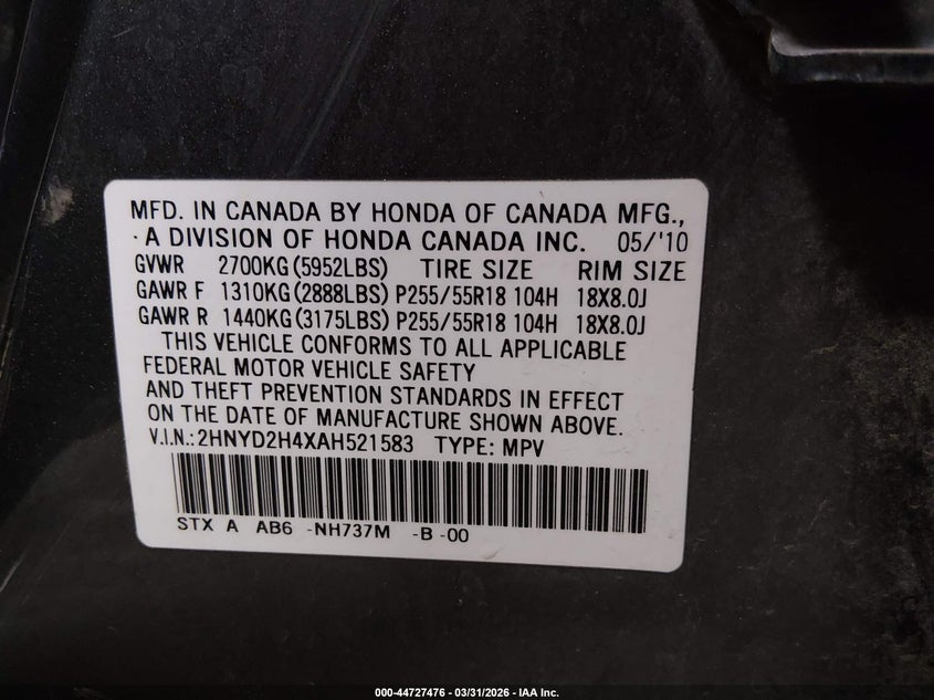 2010 Acura Mdx VIN 2HNYD2H4XAH521583 IAAI salvage auction — LEFT FRONT, Salvage (Idaho), sold $750 on 2026-07-10 (photo 9)