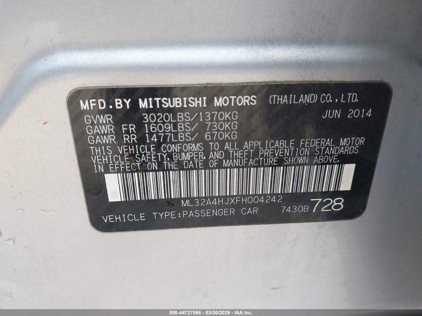 2015 Mitsubishi Mirage VIN ML32A4HJXFH004242 IAAI salvage auction — LEFT REAR, Clear (Indiana), sold $25 on 2026-07-22 (photo 9)