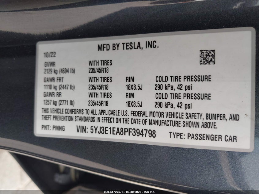 2023 Tesla Model 3 VIN 5YJ3E1EA8PF394798 IAAI salvage auction — REAR END, Wait Title, sold $8,100 on 2026-07-23 (photo 9)
