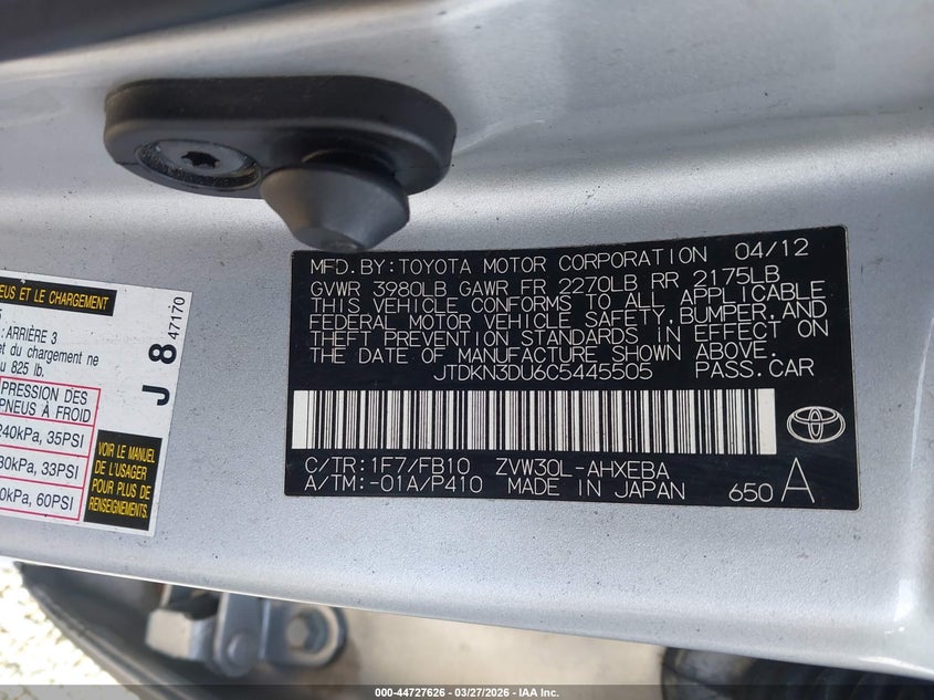 2012 Toyota Prius VIN JTDKN3DU6C5445505 IAAI salvage auction — TOTAL BURN, Salvage Title, sold $300 on 2026-07-13 (photo 9)
