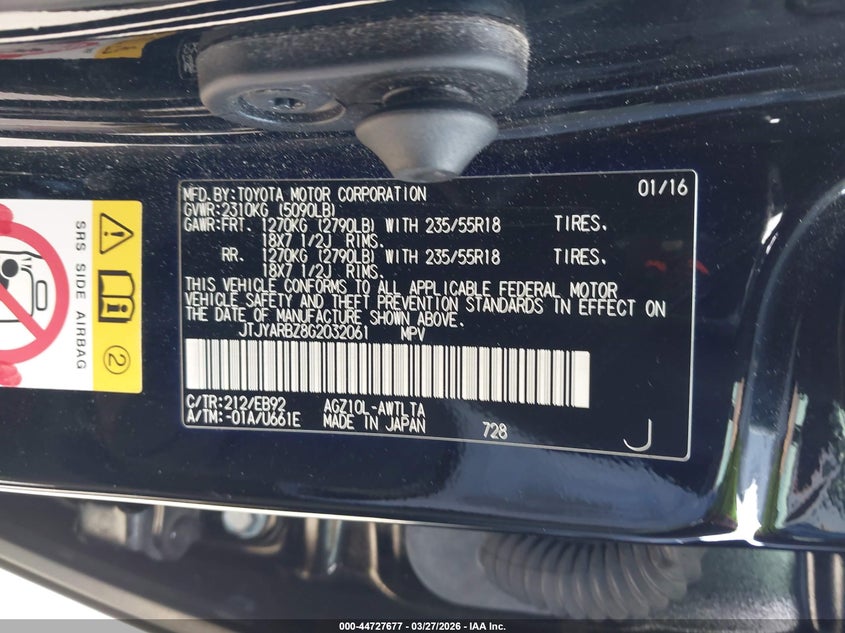 2016 Lexus Nx VIN JTJYARBZ8G2032061 IAAI salvage auction — FRONT END, Wait Title, sold $7,000 on 2026-07-06 (photo 9)