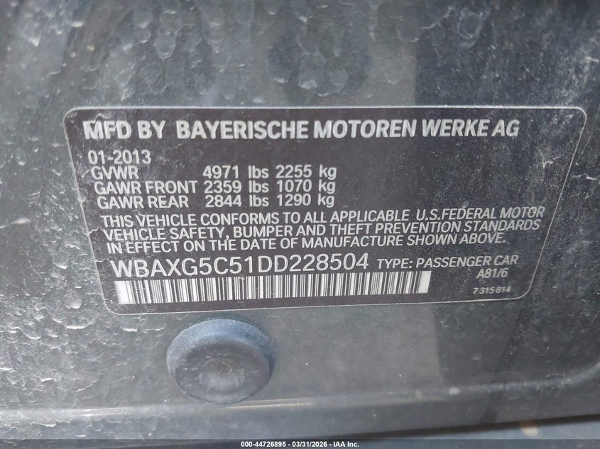 2013 BMW 5er VIN WBAXG5C51DD228504 IAAI salvage auction — FRONT END, Wait Title, sold $425 on 2026-07-14 (photo 9)