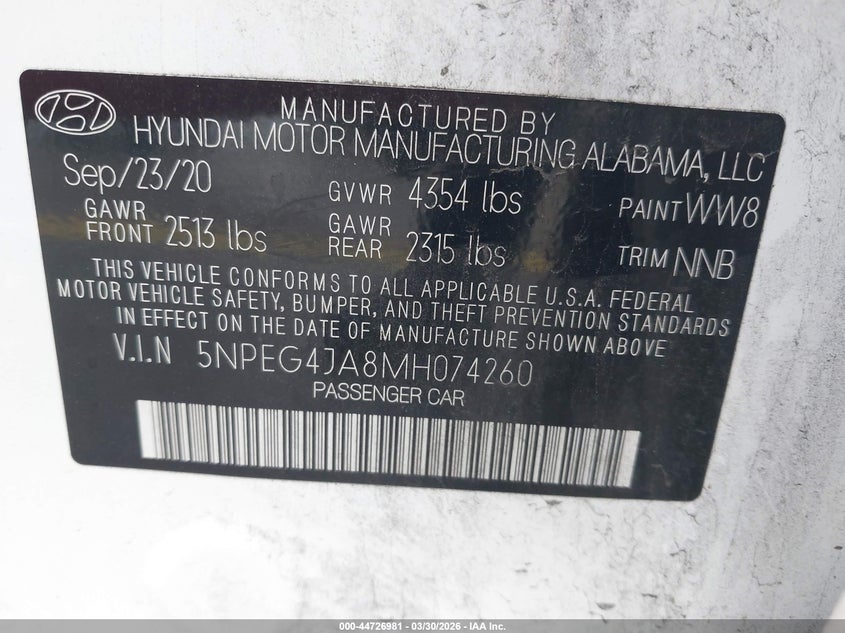 2021 Hyundai Sonata VIN 5NPEG4JA8MH074260 IAAI salvage auction — REAR END, Wait Title, sold $4,700 on 2026-07-16 (photo 9)