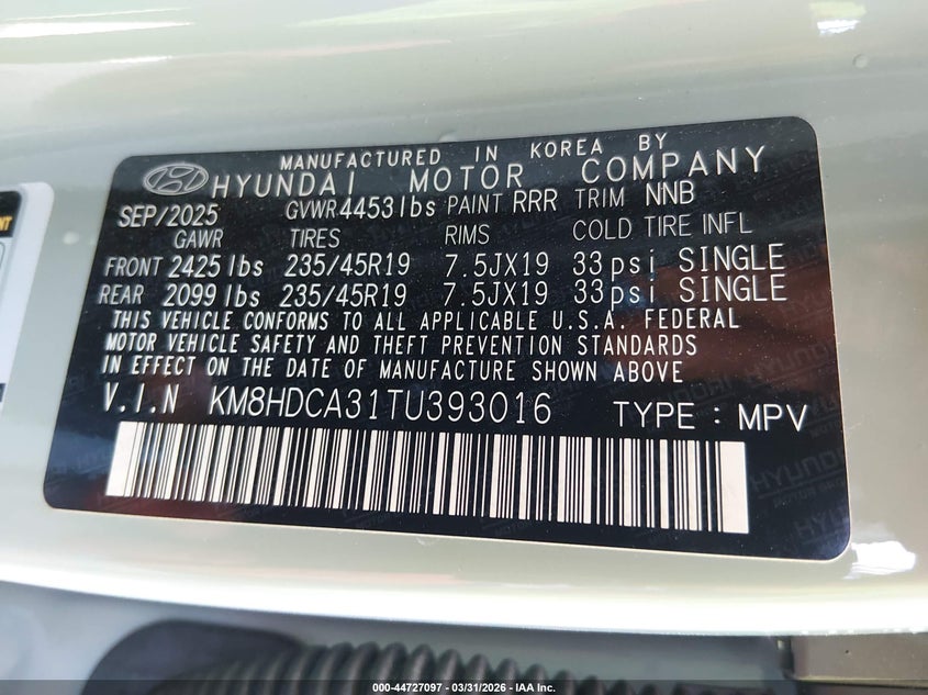 2026 Hyundai Kona VIN KM8HDCA31TU393016 IAAI salvage auction — FRONT END, Wait Title, sold $5,800 on 2026-07-11 (photo 9)