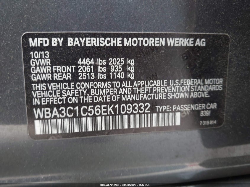 2014 BMW 3er VIN WBA3C1C56EK109332 IAAI salvage auction — RIGHT FRONT, Salvage (California), sold $25 on 2026-07-29 (photo 9)