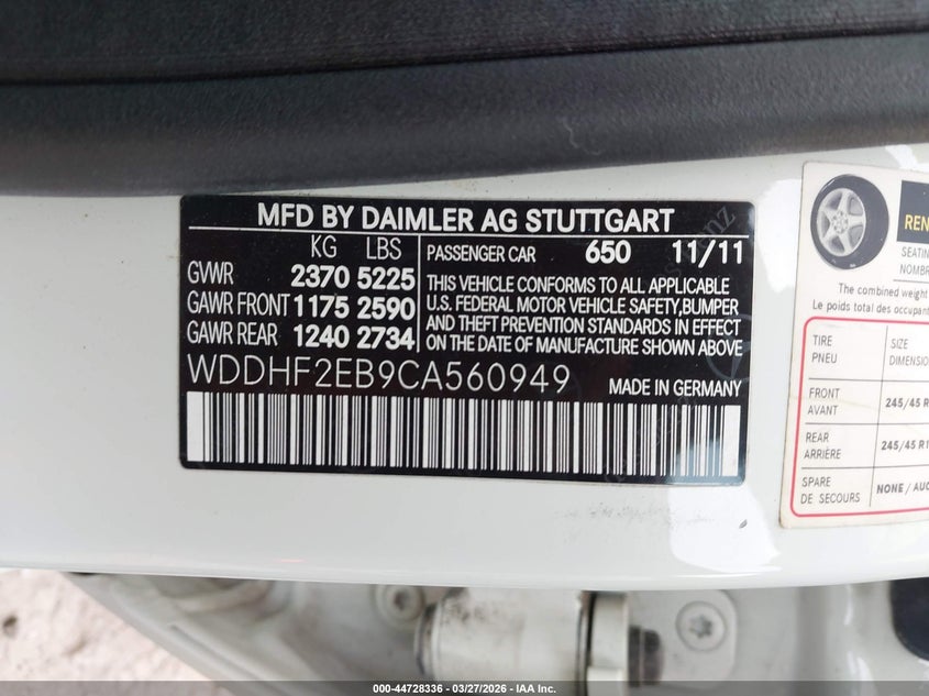 2012 Mercedes-benz E-klasse VIN WDDHF2EB9CA560949 IAAI salvage auction — LEFT FRONT, Clear (Tennessee), sold $4,100 on 2026-08-20 (photo 9)