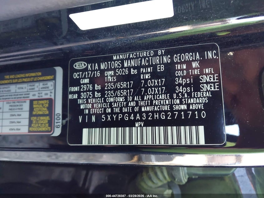 2017 Kia Sorento VIN 5XYPG4A32HG271710 IAAI salvage auction — LEFT REAR, Wait Title, sold $1,750 on 2026-07-24 (photo 9)