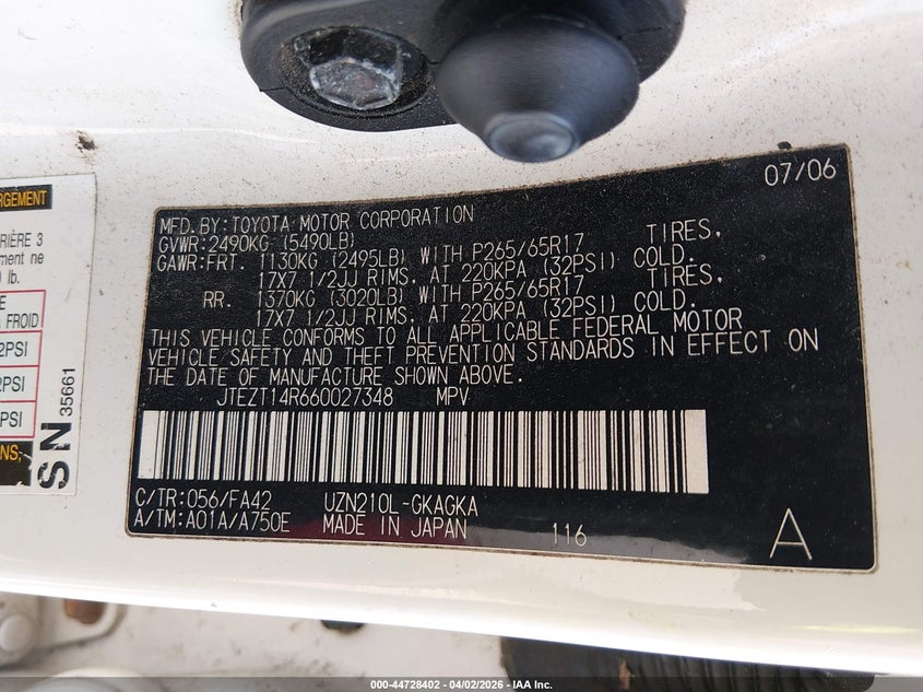 2006 Toyota 4runner VIN JTEZT14R660027348 IAAI salvage auction — RIGHT FRONT, Original (Kentucky), sold $2,050 on 2026-07-29 (photo 9)