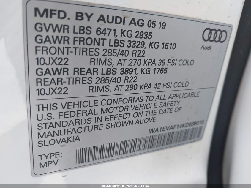 2019 Audi Q8 VIN WA1EVAF14KD039015 IAAI salvage auction — RIGHT FRONT, Wait Title, sold $17,300 on 2026-07-24 (photo 9)