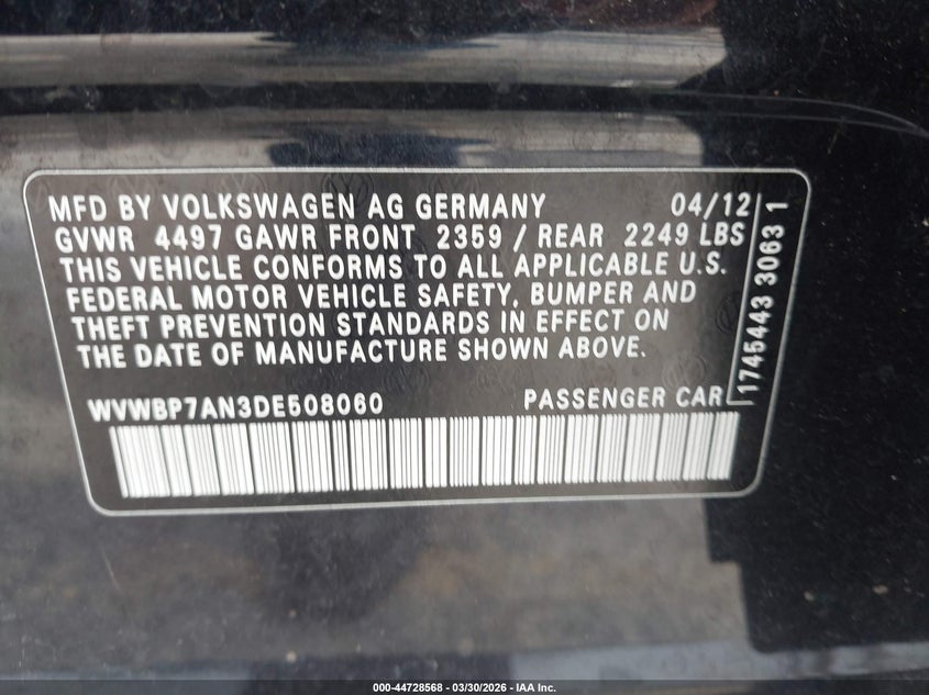2013 Volkswagen Passat cc VIN WVWBP7AN3DE508060 IAAI salvage auction — RIGHT FRONT, Salvage (California), sold $700 on 2026-07-07 (photo 9)