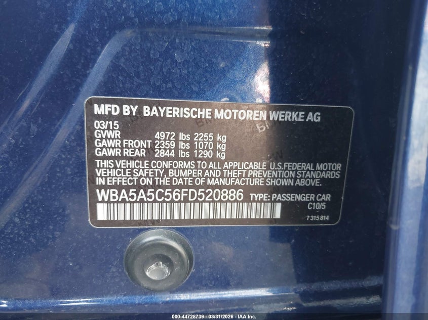 2015 BMW 5er VIN WBA5A5C56FD520886 IAAI salvage auction — RIGHT SIDE, Salvage (Hawaii), sold $500 on 2026-07-14 (photo 9)