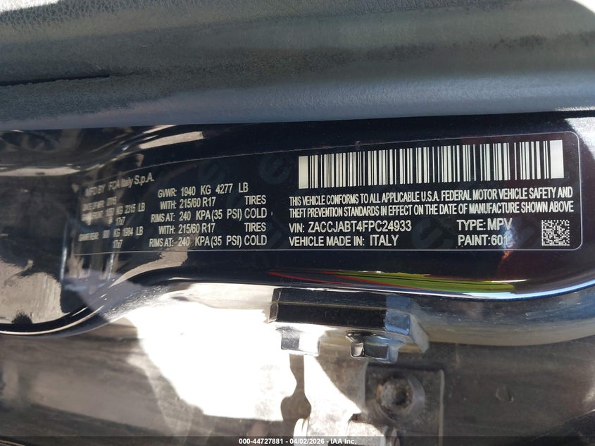 2015 Jeep Renegade VIN ZACCJABT4FPC24933 IAAI salvage auction — INTERIOR BURN, Salvage (California), sold $450 on 2026-07-28 (photo 9)