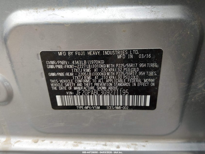 2016 Subaru Xv VIN JF2GPABC3G9271195 IAAI salvage auction — RIGHT SIDE, Wait Title, sold $2,250 on 2026-07-29 (photo 9)