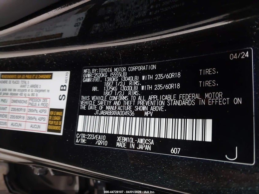 2024 Lexus Rz VIN JTJABABBXRA004936 IAAI salvage auction — LEFT FRONT, Wait Title, sold $11,650 on 2026-07-09 (photo 9)