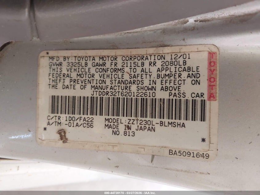 2002 Toyota Celica VIN JTDDR32T620122610 IAAI salvage auction — SIDE, Salvage (North Carolina), sold $550 on 2026-07-16 (photo 9)