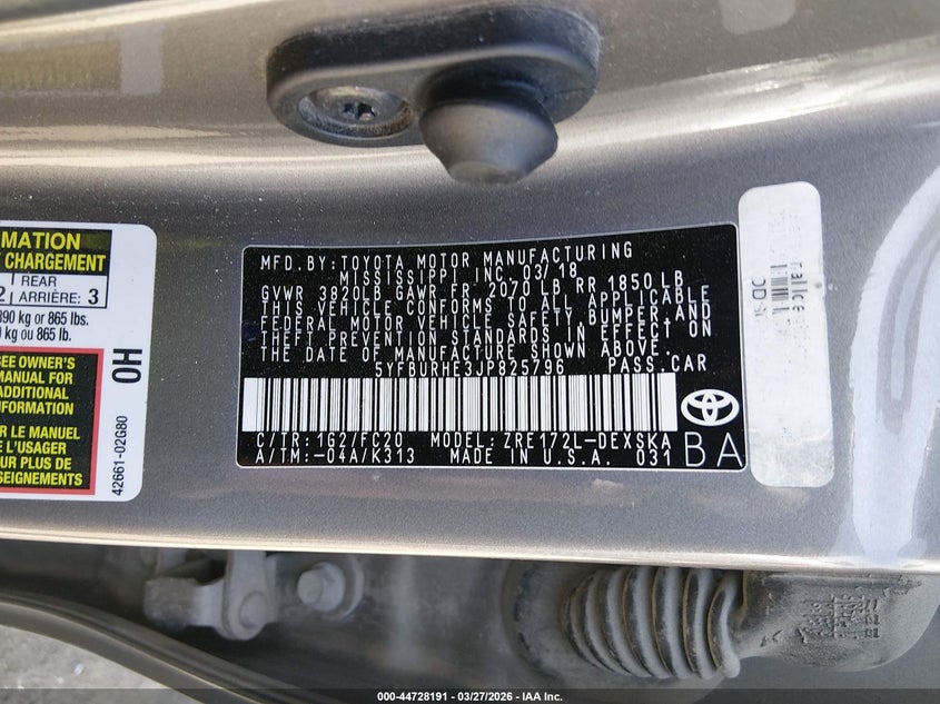 2018 Toyota Corolla VIN 5YFBURHE3JP825796 IAAI salvage auction — LEFT SIDE, Wait Title, sold $50 on 2026-07-29 (photo 9)