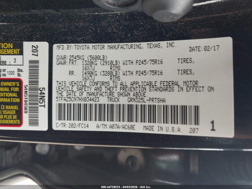 2017 Toyota Tacoma VIN 5TFAZ5CN7HX034423 IAAI salvage auction — FRONT END, Wait Title, sold $25 on 2026-07-29 (photo 9)