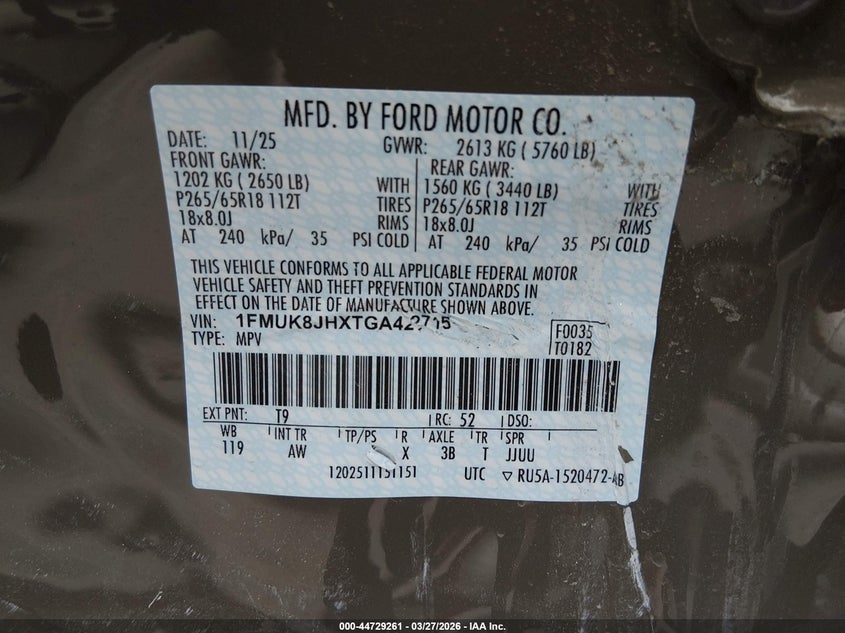 2026 Ford Explorer VIN 1FMUK8JHXTGA42715 IAAI salvage auction — LEFT SIDE, Original (Texas), sold $16,500 on 2026-07-28 (photo 9)