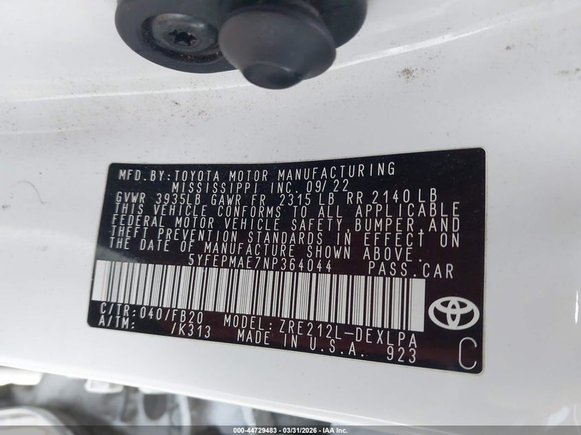 2022 Toyota Corolla VIN 5YFEPMAE7NP364044 IAAI salvage auction — RIGHT FRONT, Wait Title, sold $3,550 on 2026-08-02 (photo 9)