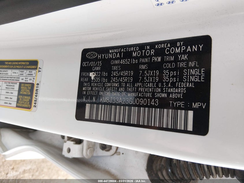2016 Hyundai Tucson VIN KM8J33A23GU090143 IAAI salvage auction — REAR END, Clear (Oklahoma), sold $75 on 2026-07-29 (photo 9)