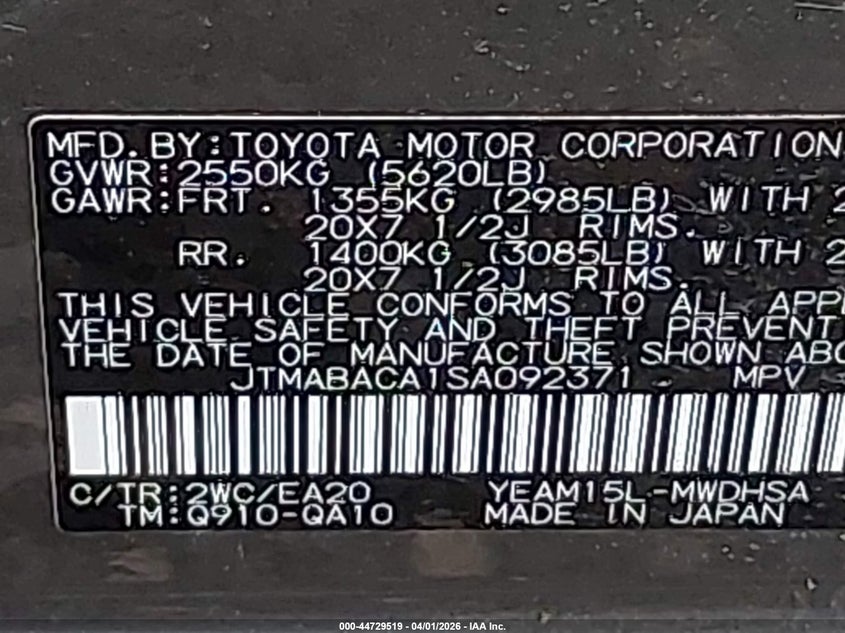2025 Toyota Bz4x VIN JTMABACA1SA092371 IAAI salvage auction — SIDE, Mv-907A (New York), sold $7,100 on 2026-07-30 (photo 9)