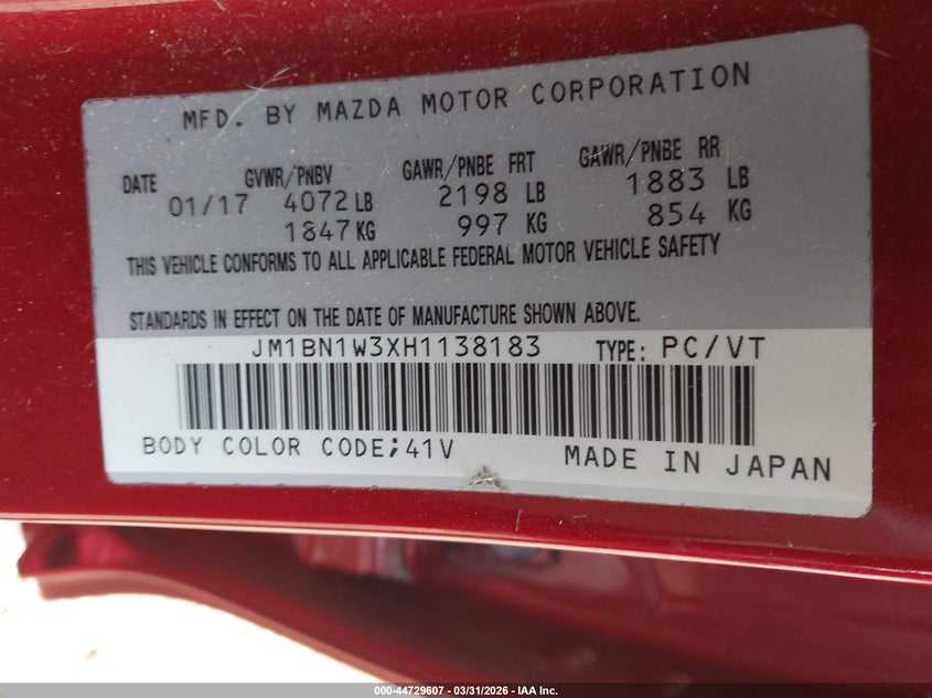 2017 Mazda 3 VIN JM1BN1W3XH1138183 IAAI salvage auction — RIGHT FRONT, Salvage - Greater Than 75% (Maryland), sold $1,750 on 2026-07-25 (photo 9)