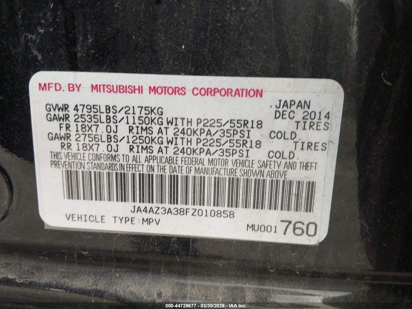 2015 Mitsubishi Outlander VIN JA4AZ3A38FZ010858 IAAI salvage auction — FRONT END, Salvage (Kentucky), sold $750 on 2026-07-23 (photo 9)