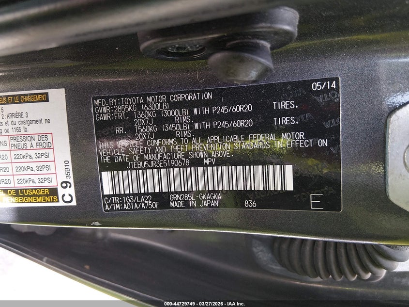 2014 Toyota 4runner VIN JTEBU5JR3E5190678 IAAI salvage auction — REAR END, Wait Title, sold $11,500 on 2026-07-29 (photo 9)