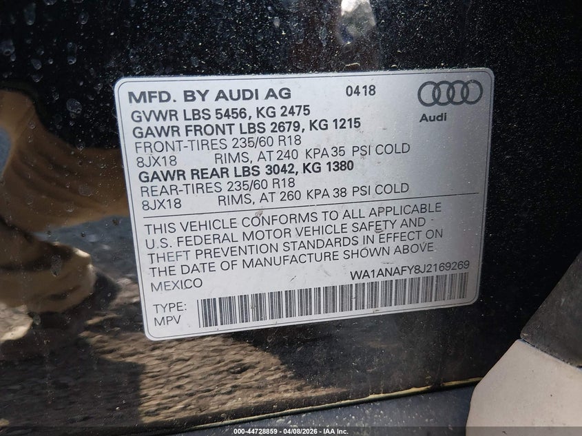2018 Audi Q5 VIN WA1ANAFY8J2169269 IAAI salvage auction — FRONT END, Wait Title, sold $6,600 on 2026-07-21 (photo 9)
