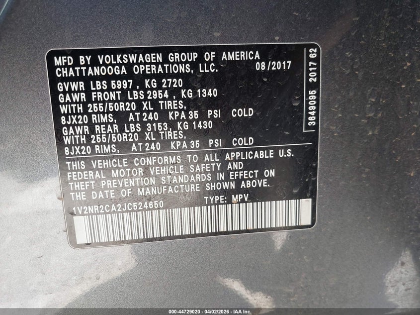 2018 Volkswagen Atlas VIN 1V2NR2CA2JC524650 IAAI salvage auction — FRONT END, Wait Title, sold $3,050 on 2026-07-19 (photo 9)