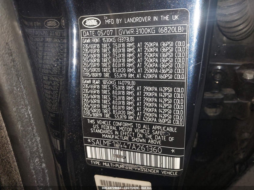 2007 Land rover RANGE ROVER VIN SALMF13447A261360 IAAI salvage auction — FRONT END, Salvage - Greater Than 75% (Maryland), sold $50 on 2026-07-20 (photo 9)