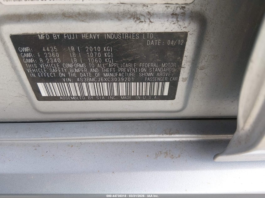 2012 Subaru LEGACY VIN 4S3BMCJ6XC3039201 IAAI salvage auction — RIGHT FRONT, Wait Title, sold $275 on 2026-07-20 (photo 9)