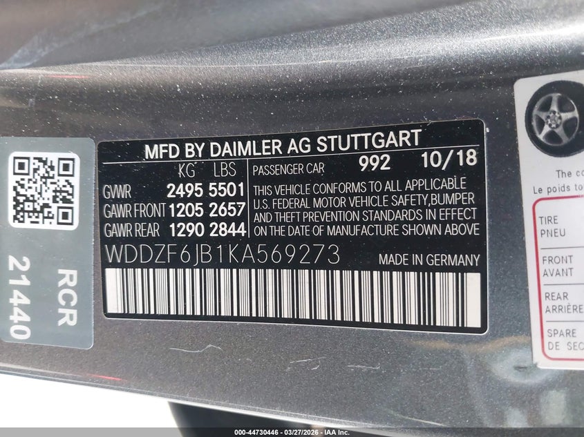 2019 Mercedes-benz E-klasse VIN WDDZF6JB1KA569273 IAAI salvage auction — FRONT END, Salvage (Nevada), sold $10,300 on 2026-07-29 (photo 9)