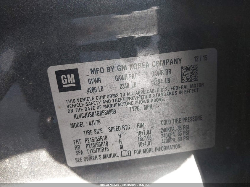 2016 Buick Encore VIN KL4CJDSB4GB584959 IAAI salvage auction — FRONT END, Rebuildable (Florida), sold $850 on 2026-07-20 (photo 9)
