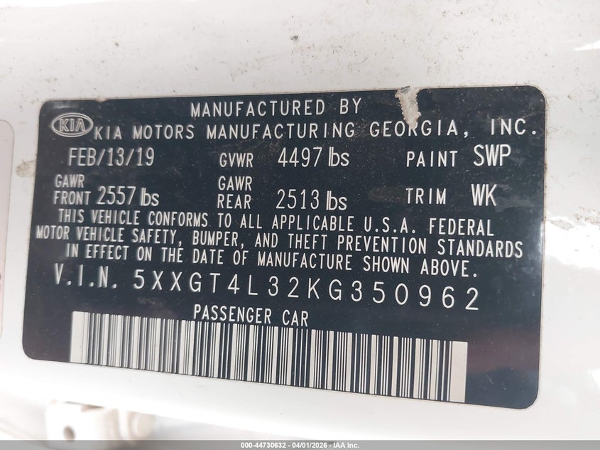 2019 Kia Optima VIN 5XXGT4L32KG350962 IAAI salvage auction — LEFT SIDE, Salvage (Texas), sold $1,775 on 2026-07-30 (photo 9)