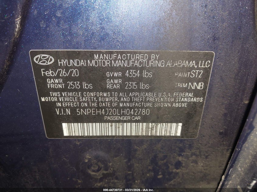 2020 Hyundai Sonata VIN 5NPEH4J20LH042780 IAAI salvage auction — LEFT FRONT, Salvage (Massachusetts), sold $2,500 on 2026-07-14 (photo 9)