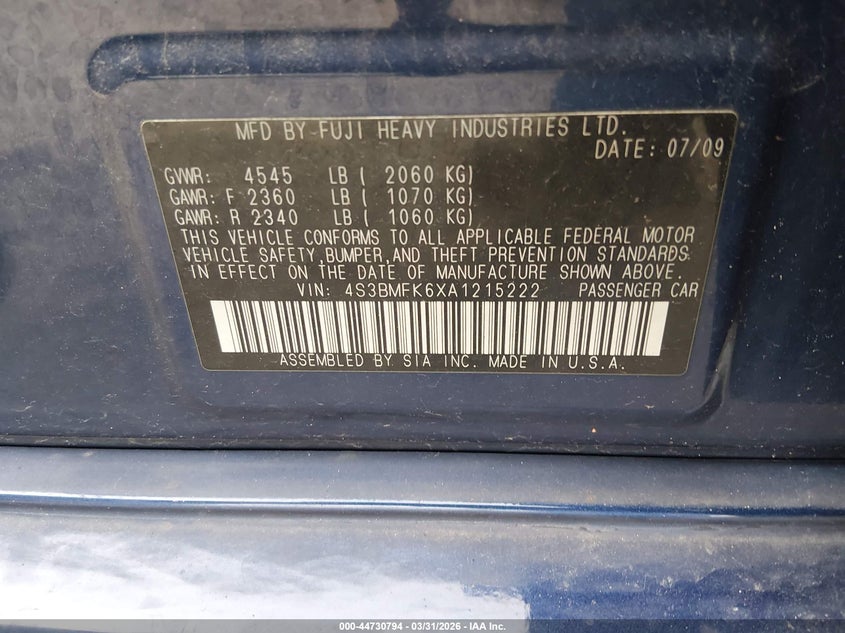 2010 Subaru LEGACY VIN 4S3BMFK6XA1215222 IAAI salvage auction — LEFT REAR, Salvage (Ohio), sold $400 on 2026-07-12 (photo 9)
