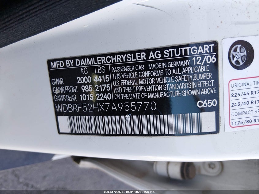 2007 Mercedes-benz C-klasse VIN WDBRF52HX7A955770 IAAI salvage auction — FRONT END, Salvage (Nevada), sold $100 on 2026-08-07 (photo 9)