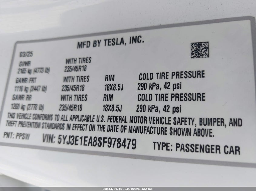 2025 Tesla Model 3 VIN 5YJ3E1EA8SF978479 IAAI salvage auction — SIDE, Salvage (New Jersey), sold $10,100 on 2026-07-29 (photo 9)