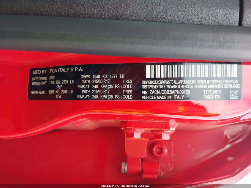 2021 Jeep Renegade VIN ZACNJCBB3MPN09158 IAAI salvage auction — FRONT END, Wait Title, sold $1,250 on 2026-08-19 (photo 9)