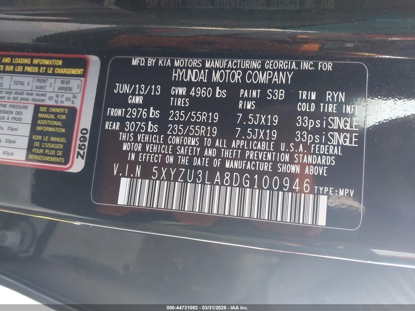 2013 Hyundai Santa fe VIN 5XYZU3LA8DG100946 IAAI salvage auction — HAIL, Salvage (Kansas), sold $1,250 on 2026-07-08 (photo 9)