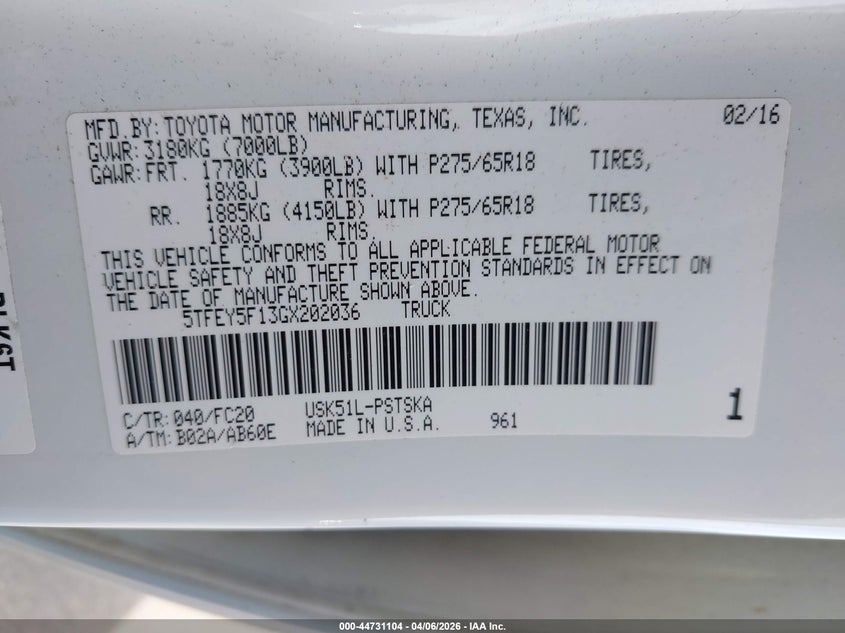 2016 Toyota Tundra VIN 5TFEY5F13GX202036 IAAI salvage auction — FRESH WATER, Salvage (Hawaii), sold $2,000 on 2026-07-28 (photo 9)